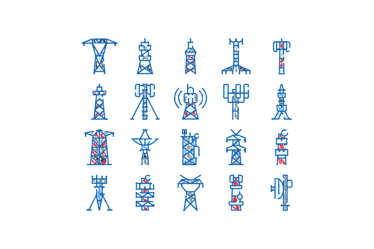 Telecommunication and power transmission towers doodle icons