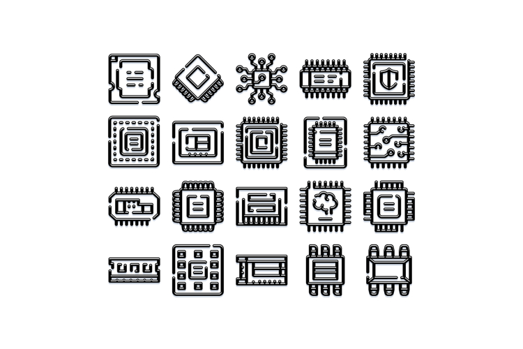 Computer chips and electronic components icon set