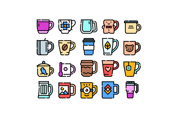 Mugs and cups icon set for beverages