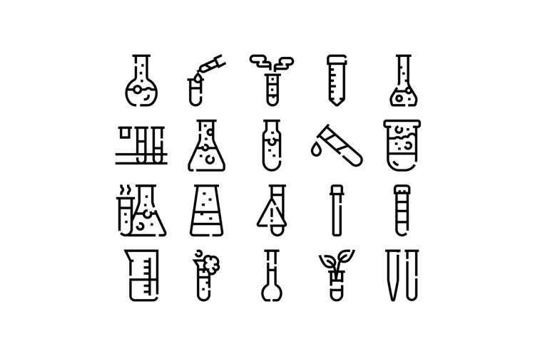 Chemistry and biology laboratory equipment line icons