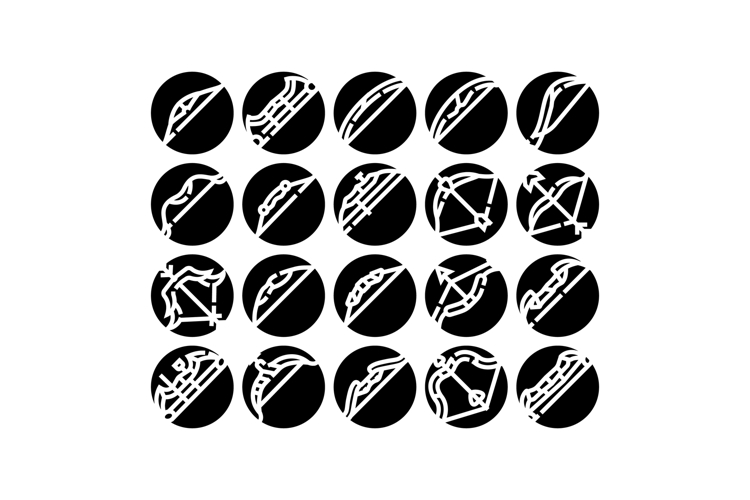 Archery bows weapon equipment silhouette icons set