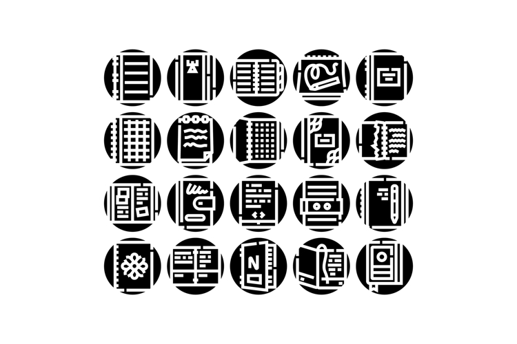 Notebook journal diary planner glyphs icons set