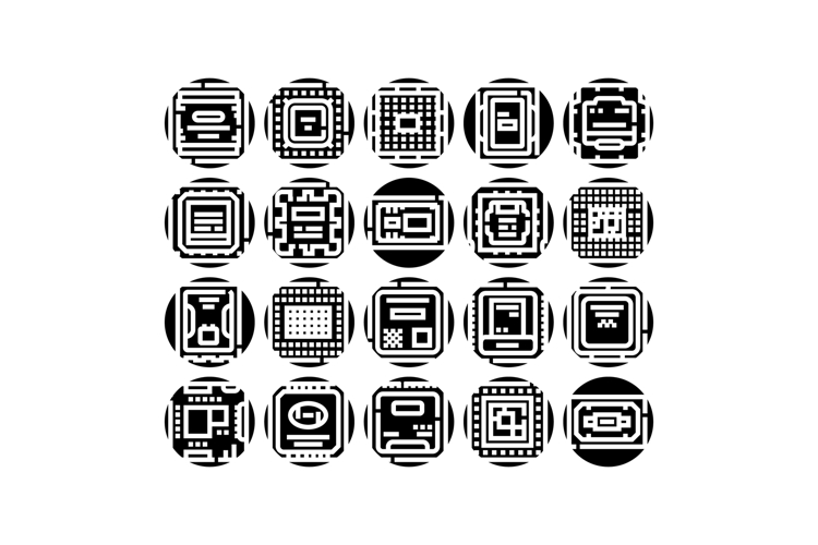 Computer processor microchip elements technology glyph icons