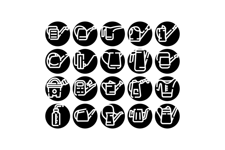 Watering can garden tools glyph icons collection