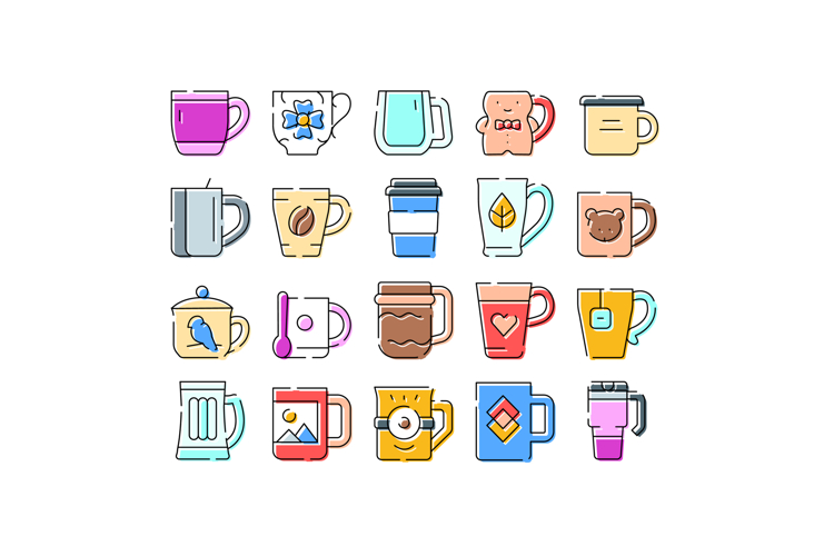 Beverage cups and mugs collection flat outline icons