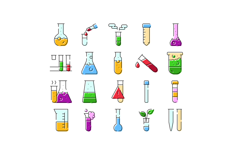 Chemistry lab science and research glassware icons