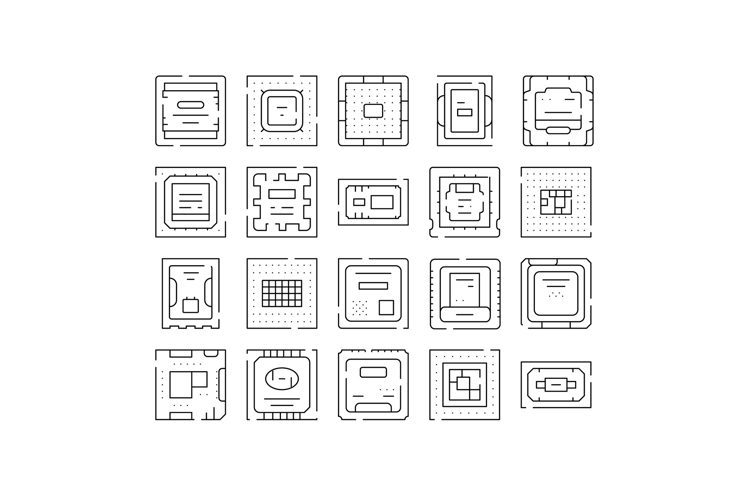 Microchip processor computer hardware components line icons