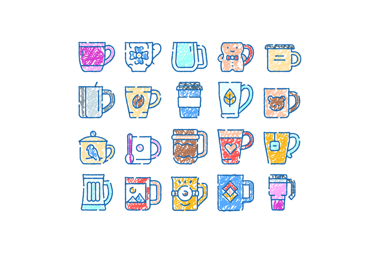 Hand drawing cups and mugs doodle collection