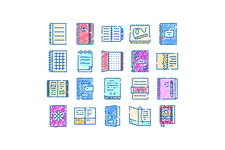 Collection of various doodle styled notebooks and journals