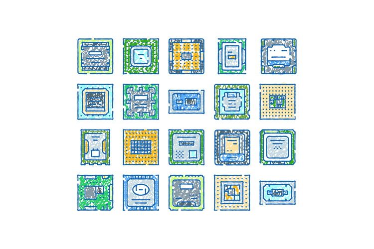 Computer microchip processors sketch drawing collection