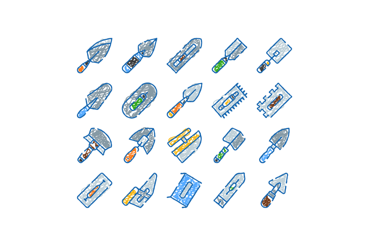 Construction tools doodling different types of trowels vecto