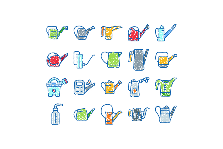 Watering cans collection hand drawn scribble style icons