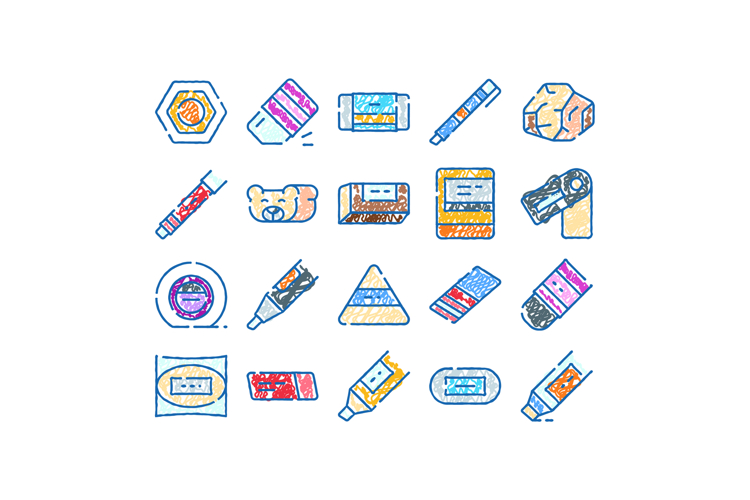 Collection of colorful erasers and school stationery icons