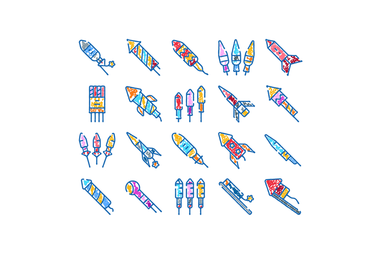 Hand drawn collection of colorful scribble firecrackers