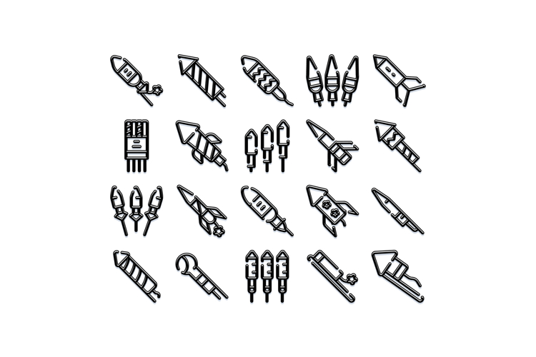 Firework rocket celebration festival pyrotechnics line icons