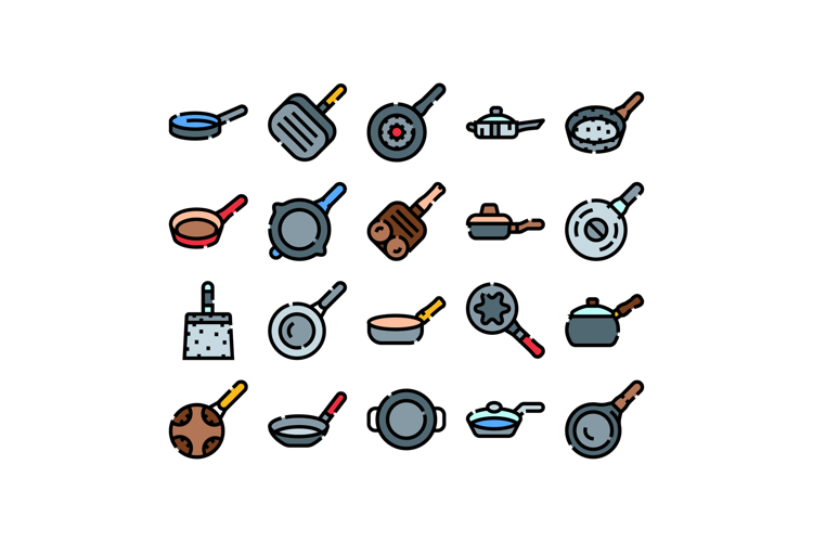 Cooking pans and kitchen cookware collection icons