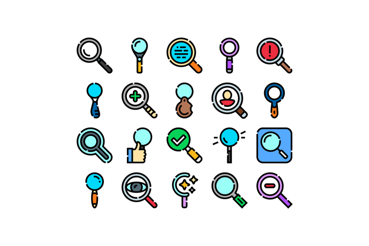 Magnifying glass search icons set analyzing data