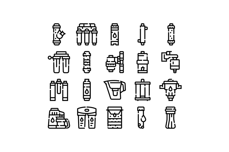 Water filtration systems and purification process icons set