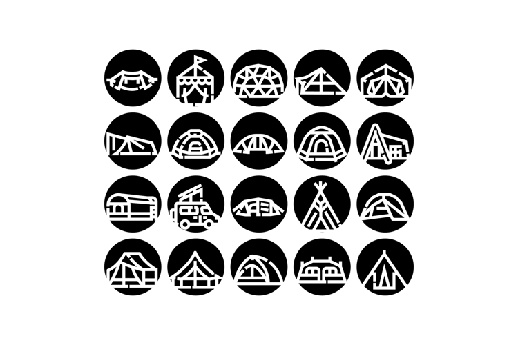 Different tent types and outdoor shelters icons