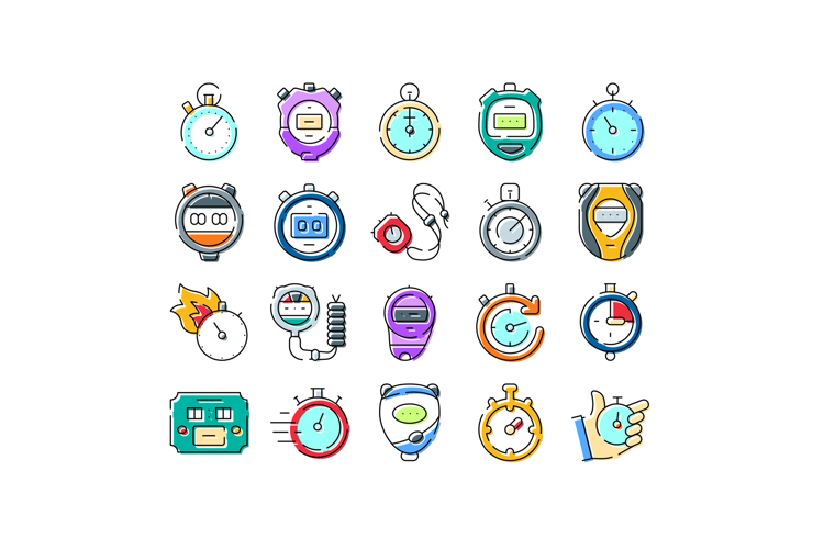 Stopwatch timer icons measuring time and speed