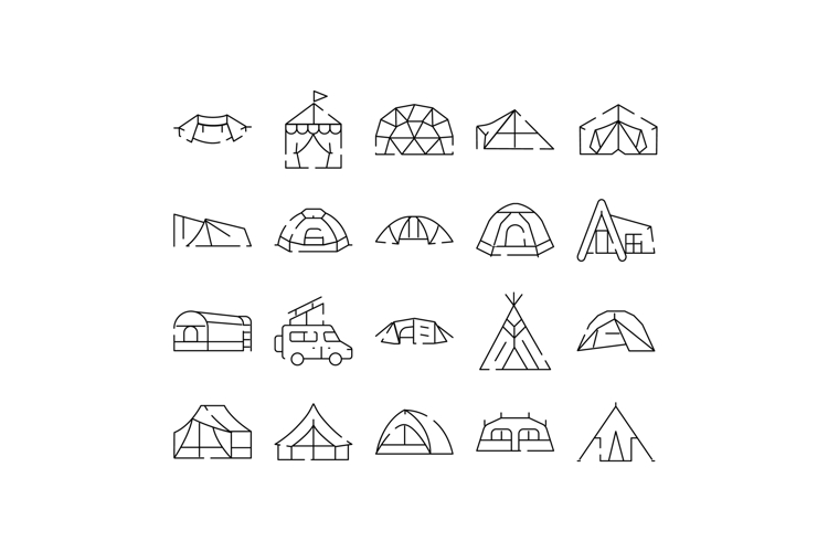 Outline set of various camping tent shelters and dome design