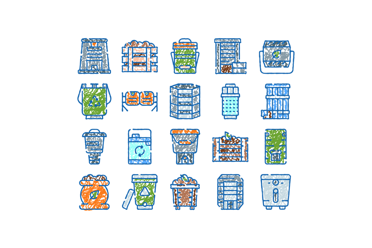 Organic waste composting and recycling processing icons