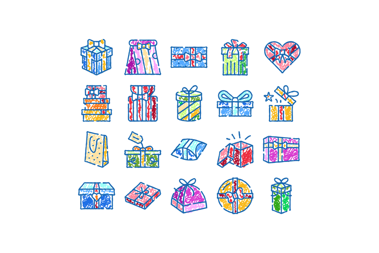 Various colorful gift boxes doodle icons collection