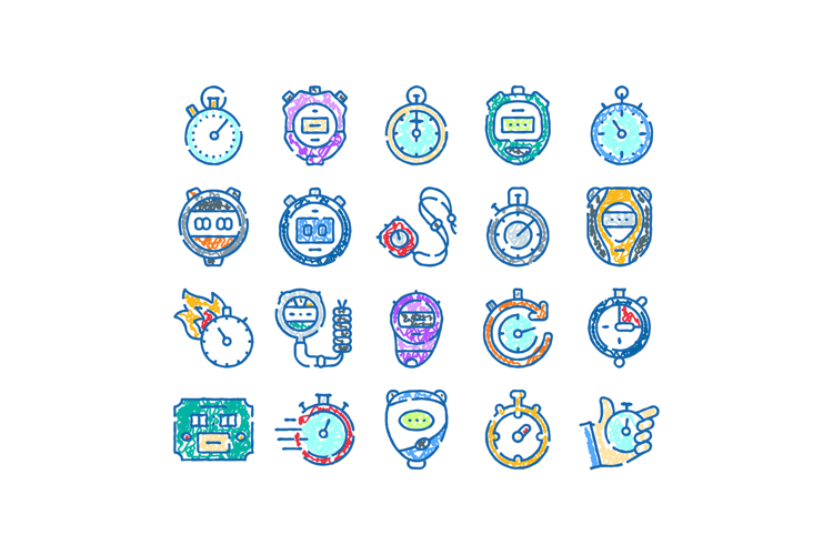 Stopwatch and timer doodle icon set collection