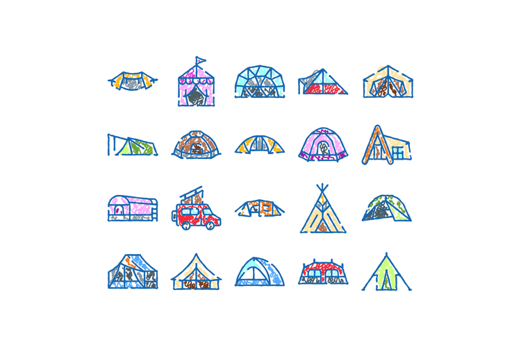 Different types of camping tents doodle drawing