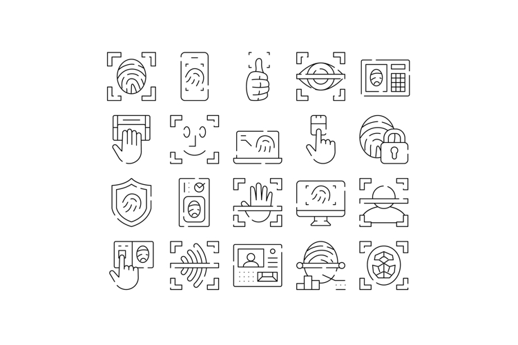 Biometric identification and security system line icons