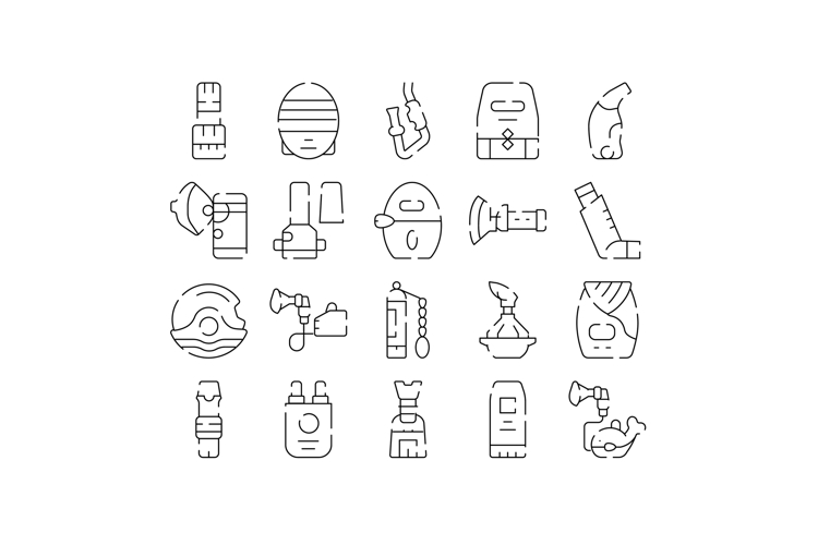 Medical breathing equipment and inhaler line icons
