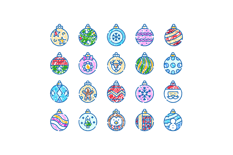 Holiday season baubles decoration doodle icons set