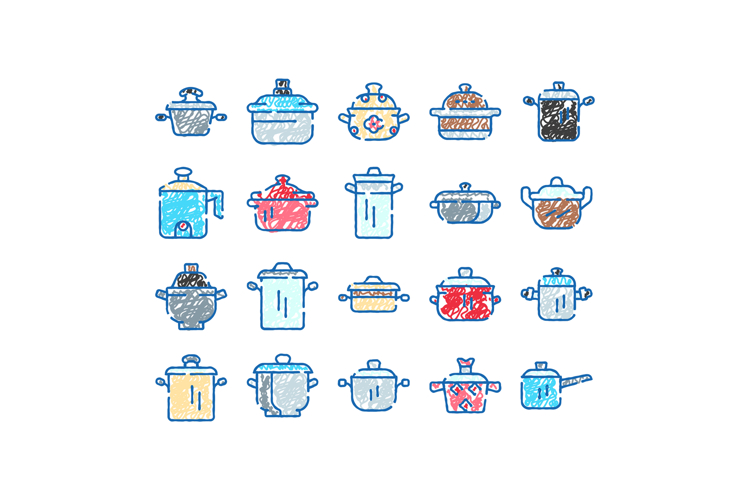 Cooking pots and pans kitchenware doodle icons
