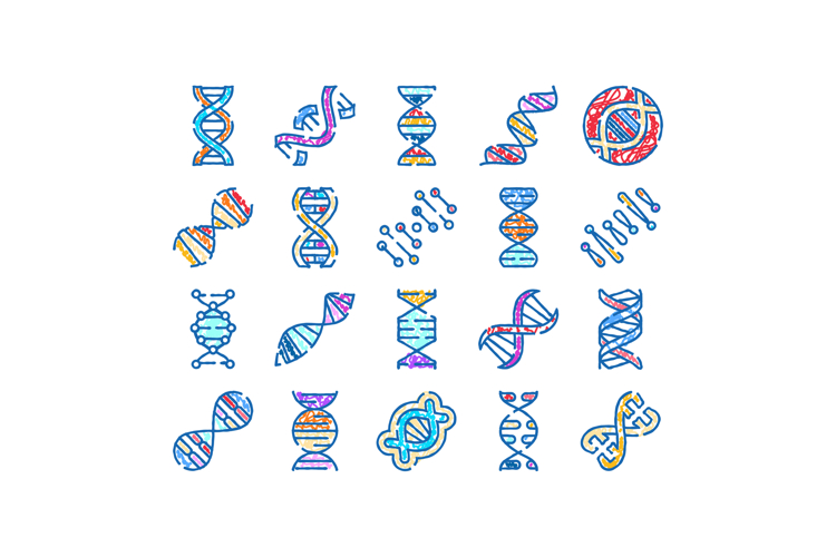 Dna helix molecule genetics icons collection set