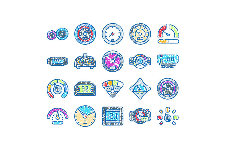 Dashboard gauges and car meters scribble icons set
