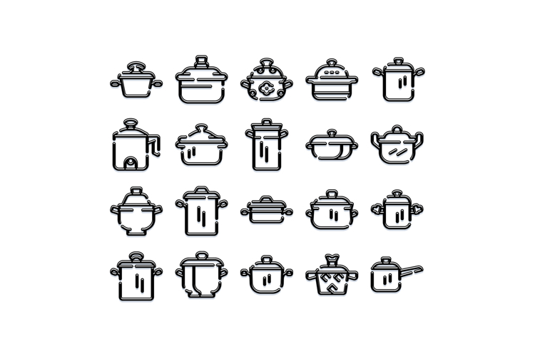Cooking pots and pans kitchen utensils line icons