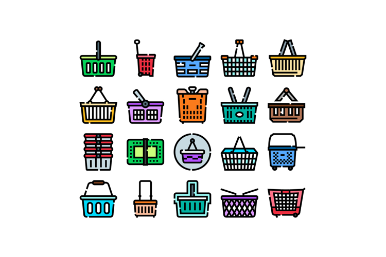 Shopping basket supermarket grocery retail icons set
