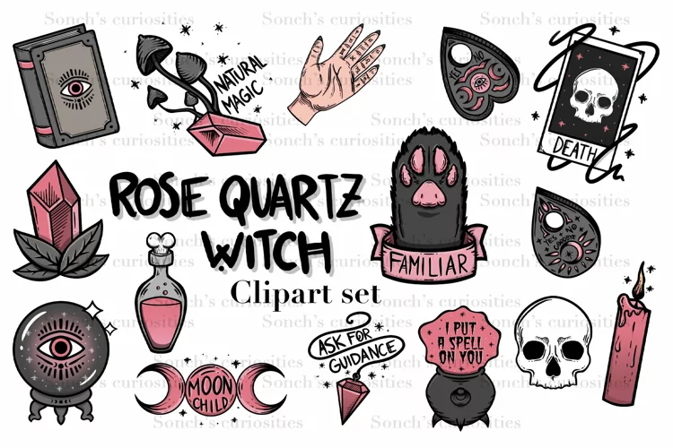Rose quartz Witch clipart, witchcraft png files