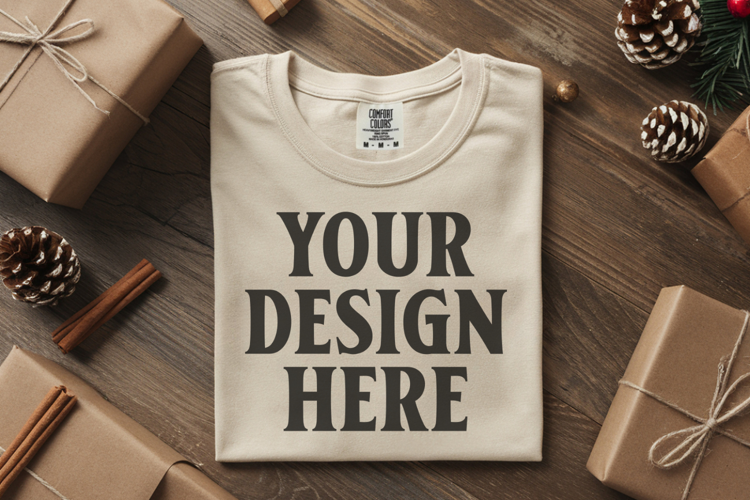 Ivory Comfort Colors 1717 Christmas Folded T-Shirt Mockup