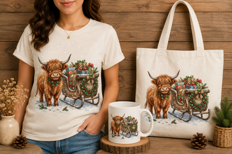 Highland Cow Christmas Sleigh Gifts Watercolor Art example image 1