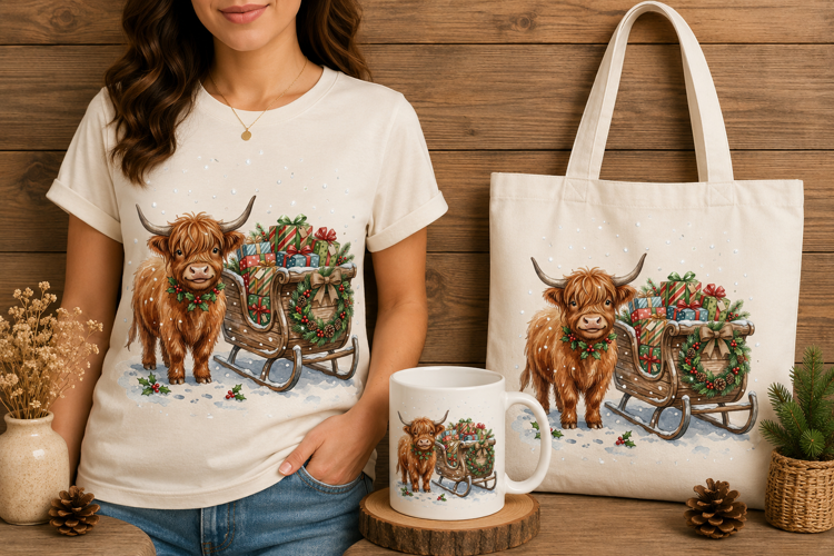 Highland Cow Christmas Sleigh Gifts Watercolor Art