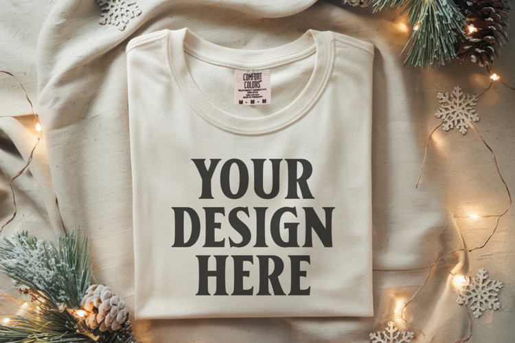 Ivory Comfort Colors 1717 Christmas Folded T-Shirt Mockup