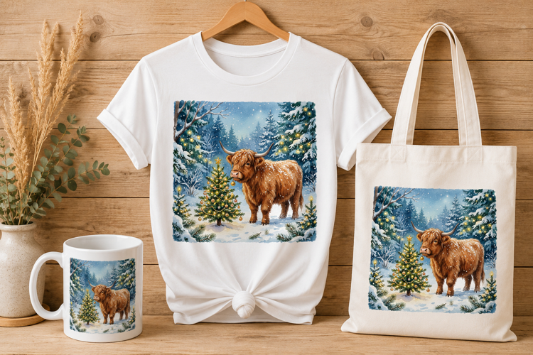 Highland Cow Decorating Christmas Tree Watercolor Art PNG