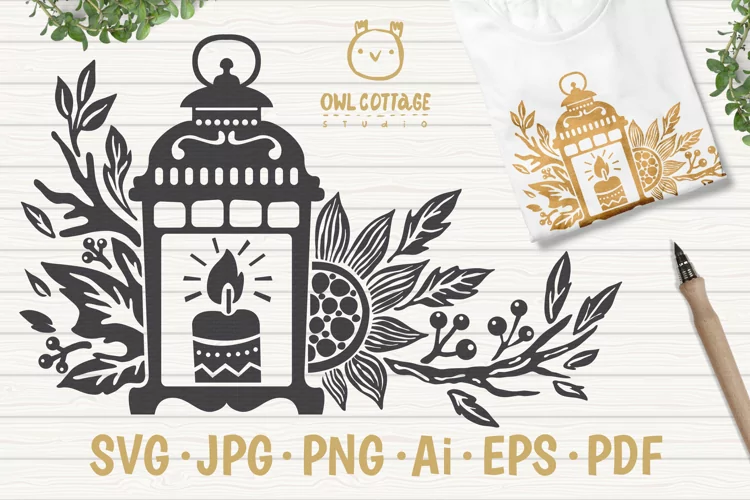 Autumn Lantern with floral decor SVG, Autumn Decor Cut File