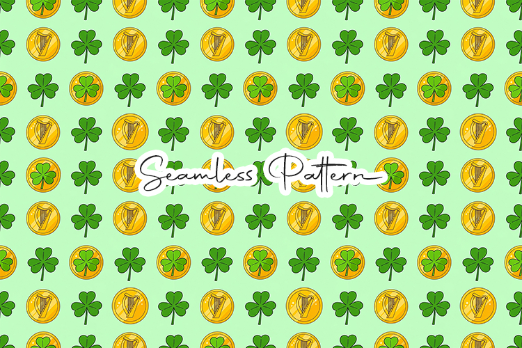 Irish Harp Gold Coin Seamless Pattern - Leprechaun & Clovers