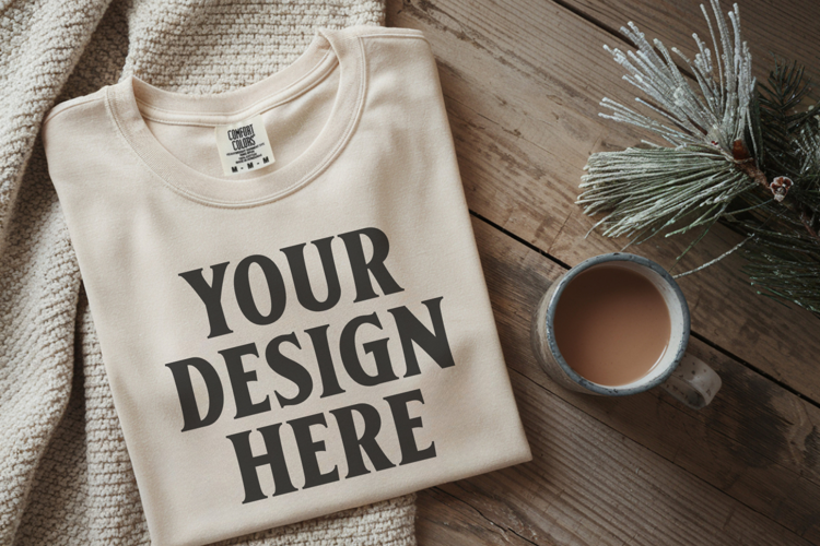 Ivory Comfort Colors 1717 Christmas Folded T-Shirt Mockup