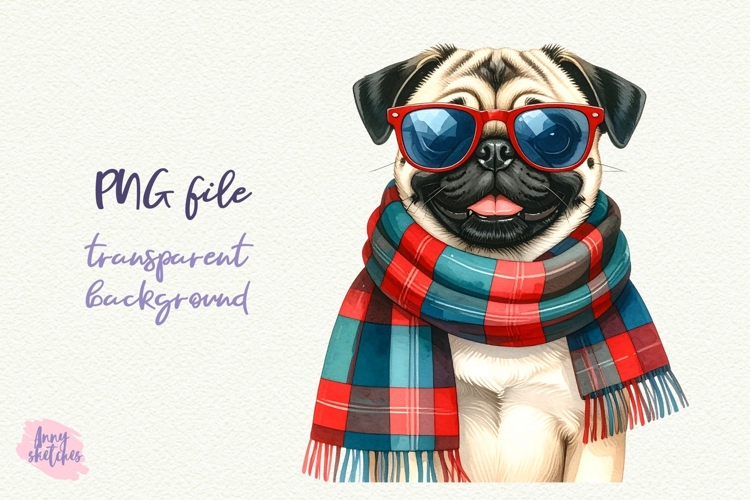 Vintage Christmas Pug Clipart Retro Christmas Dog PNG