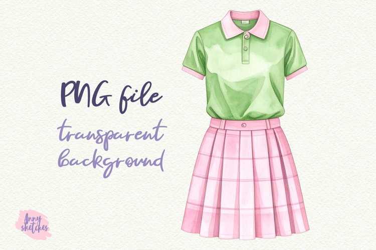 1950s Outfit Plaid Skirt Tucked Polo Pink Golf Retro Clipart