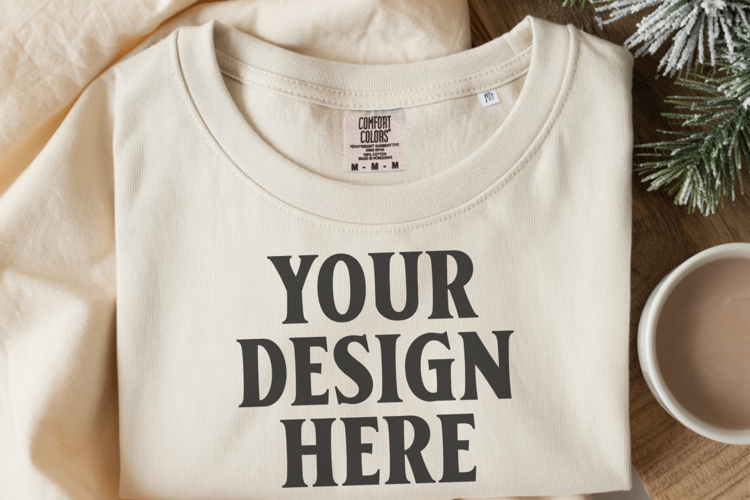 Ivory Comfort Colors 1717 Christmas Folded T-Shirt Mockup