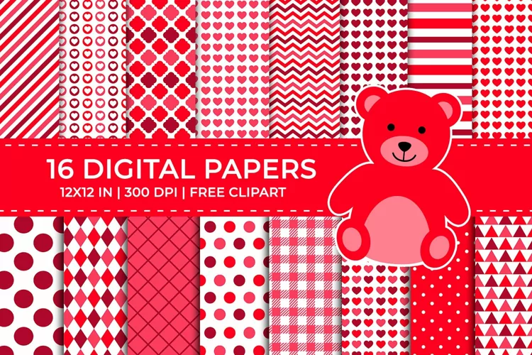 Red Valentine Digital Papers Set, Teddy Bear Clipart